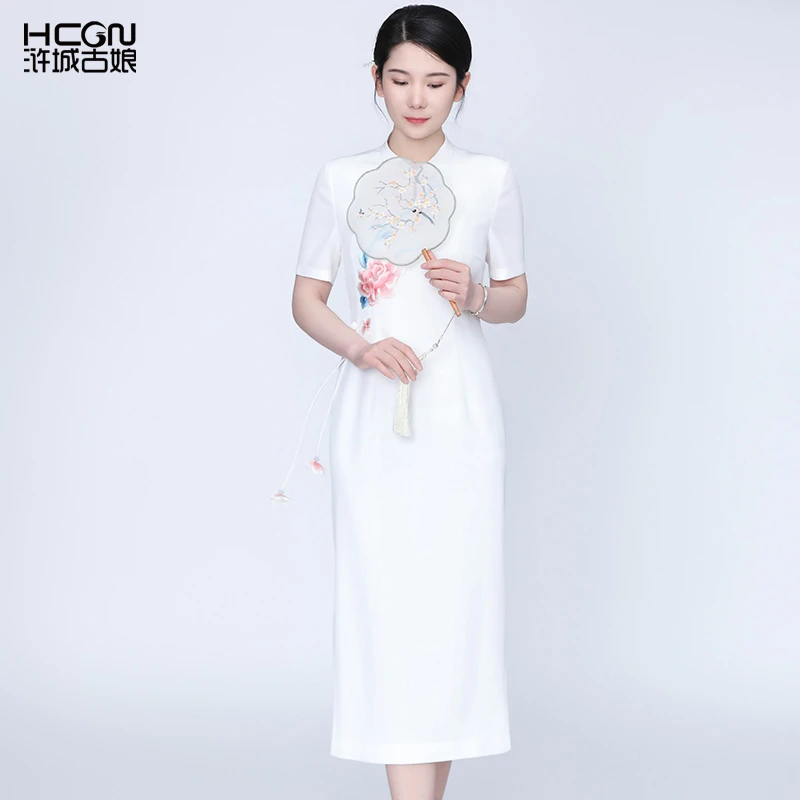 高端新中式女装长裙国风改良版白色醋酸盼夏旗袍连衣裙夏BMT17687