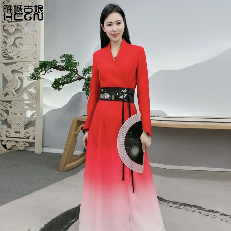 浒城古娘中式国风气质优雅复古时尚飘逸千寻渐变连衣裙-22A11150