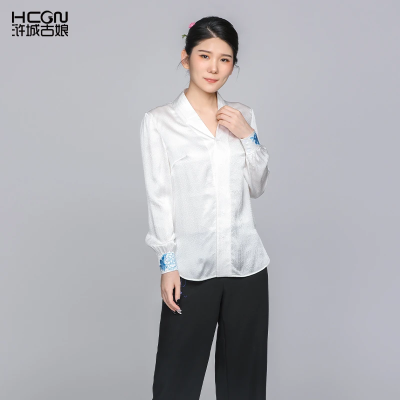 浒城古娘100%桑蚕丝女装国风上衣艺芙蓉真丝长袖v领衬衫-BMT18702