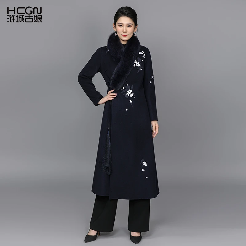 【100%绵羊毛】藏蓝色精致中国风刺绣气质女芳梅双面呢大衣DMT11387