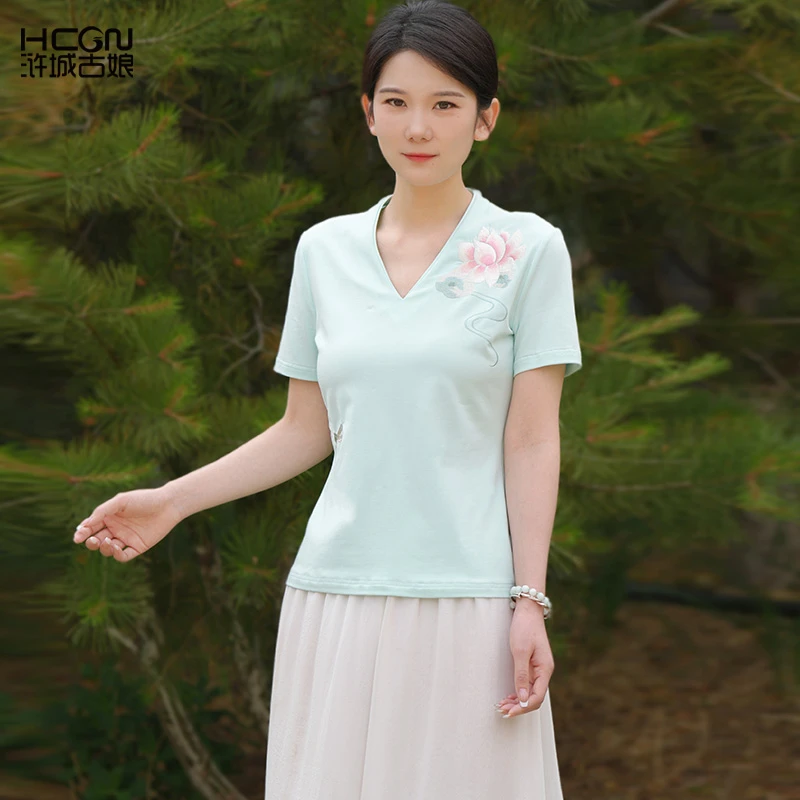中式棉质绣花简约时尚百搭通勤宽松女士含笑玉立V领上衣BMT18790
