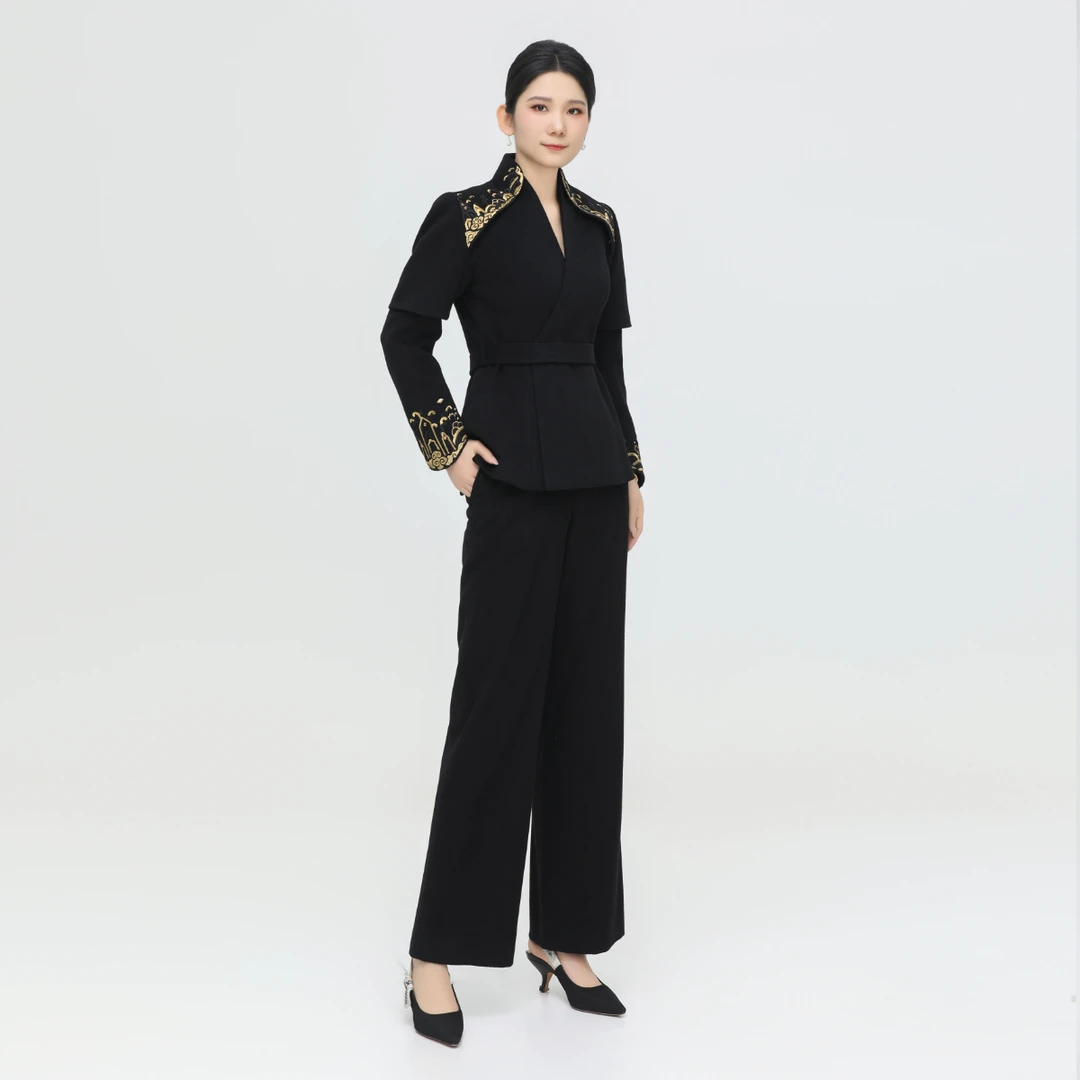 浒城古娘中国风秋冬气质流影毛呢套装上衣裤子-22D18562+22D19360