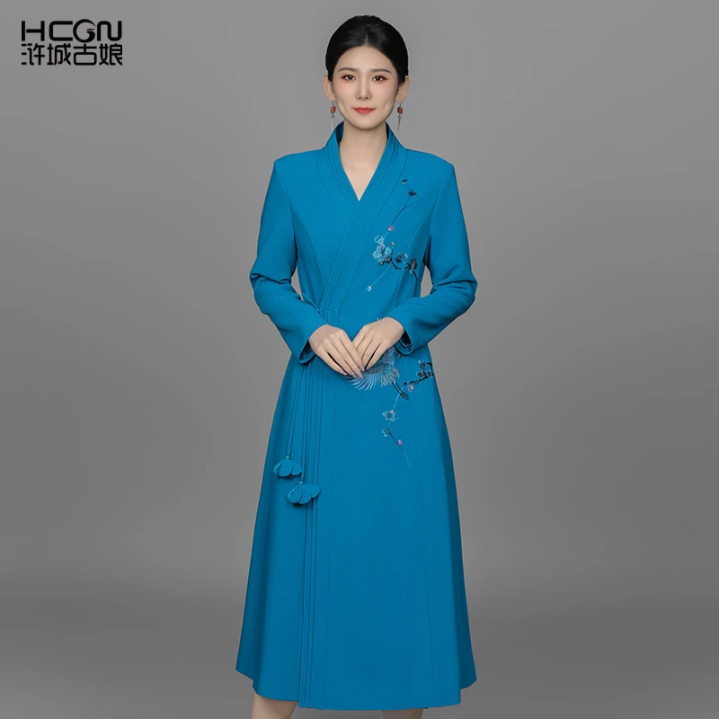 中国风仙鹤刺绣系带收腰气质长袖V领女百搭优雅蓝沁战袍-ACL11526