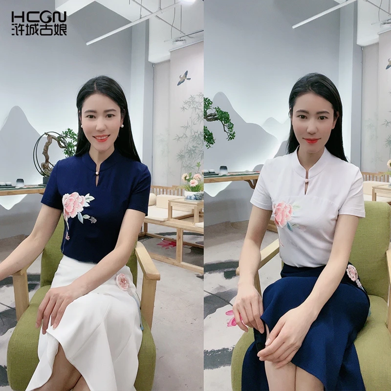 夏季女刺绣修身时尚休闲通勤V领棉质澜楚中式上衣T恤BMT18726