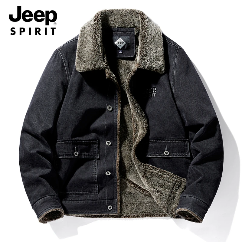 JEEP吉普男士牛仔外套宽松潮流加绒加厚夹克翻领2025秋冬保暖棉服