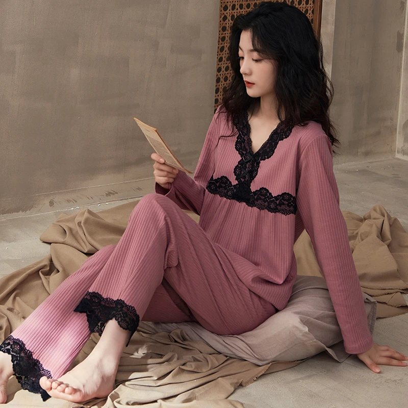 睡衣女士秋冬季长袖纯棉蕾丝花边家居服春秋款大码可外穿薄款套装