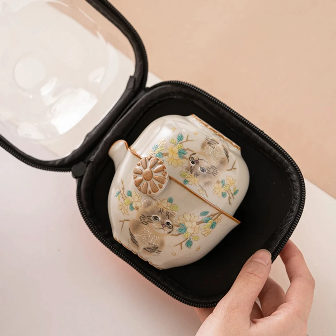 汝窑猫咪旅行茶具商务随身快客杯便携式功夫茶具套装