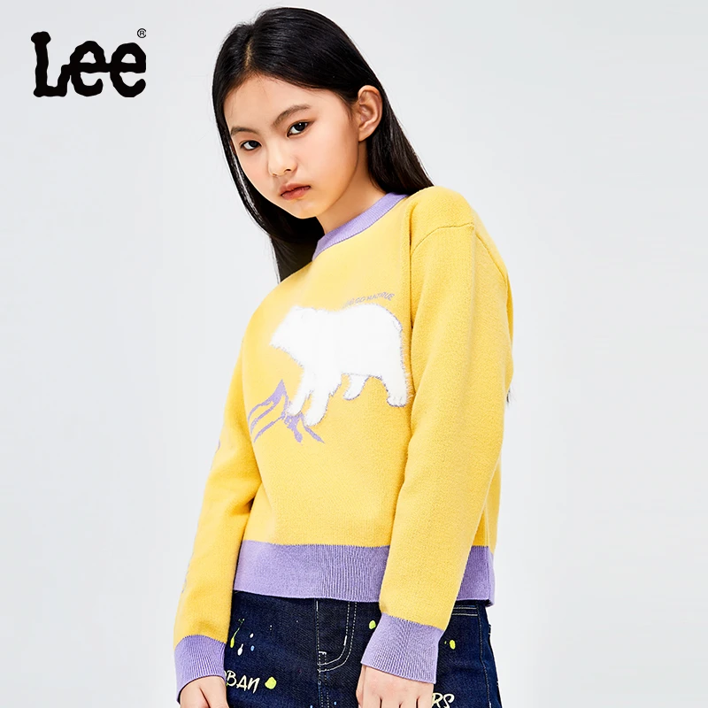 Leekids女童毛衣中大童2024春季毛针织衫宽松圆领保暖撞色上衣