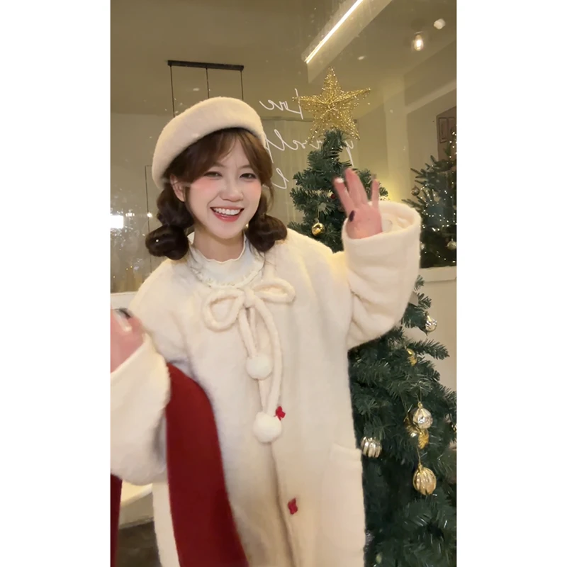 米白色圈圈羊毛包裹感圣诞新年战衣呢大衣外套女套装