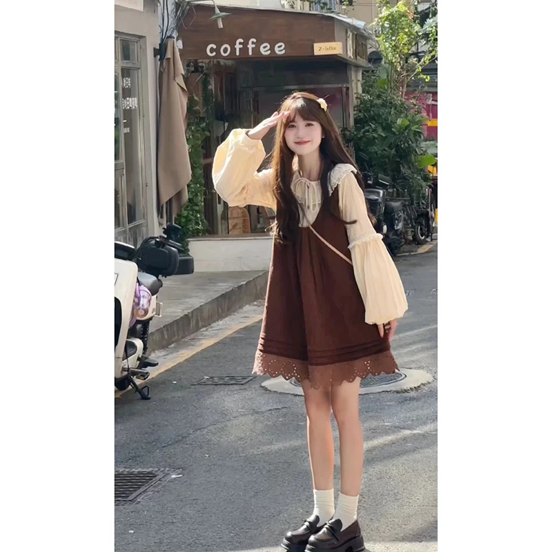 白橙子-翻领蕾丝衬衫背心裙秋季新款宽松慵懒风无袖连衣裙套装