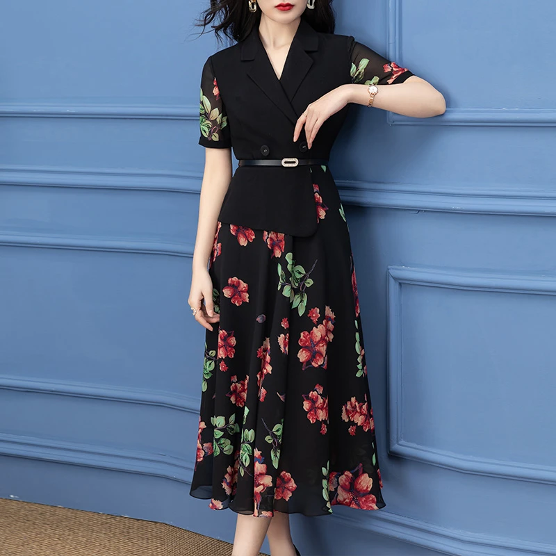 专柜碎花气质夏季时尚连衣裙修身复古长裙a字收腰显瘦印花大摆裙