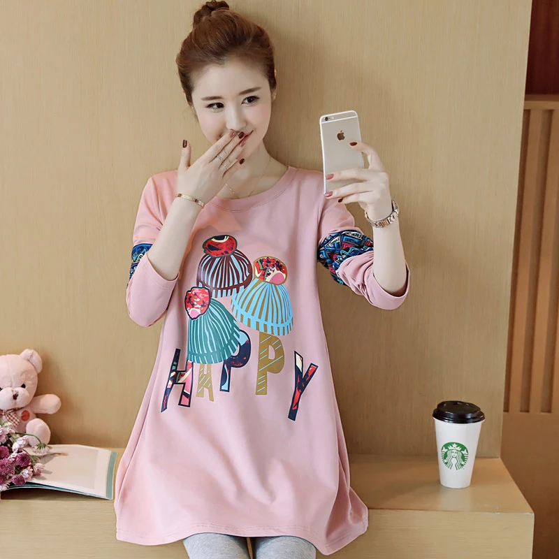 尔彩孕妇上衣时尚洋气减龄春秋孕妇打底衫长袖中长款孕妇装T恤