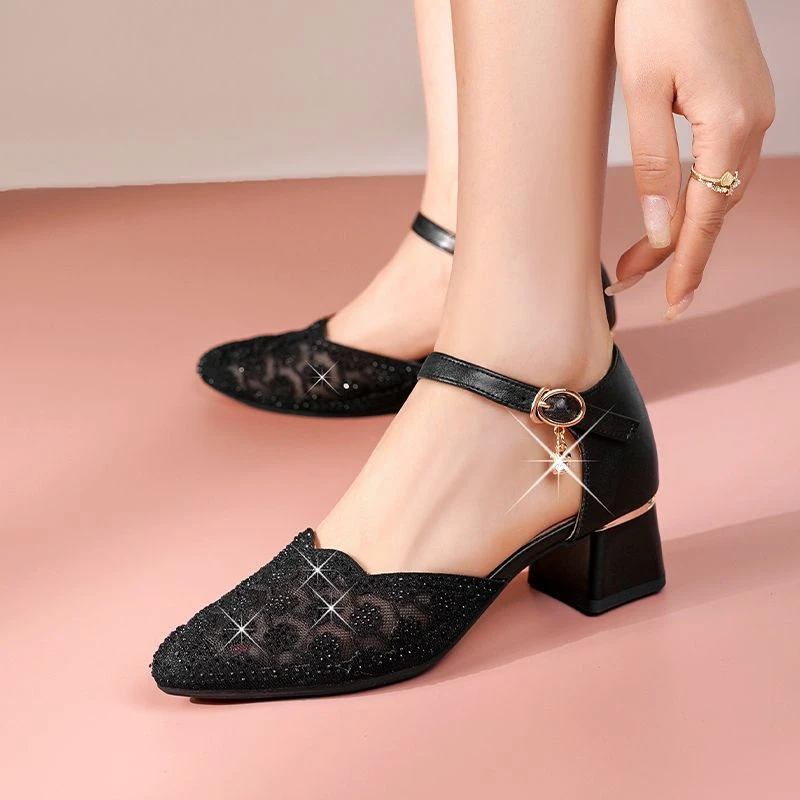（陈）凉鞋女夏季新款包头中跟鞋中年女士水钻网纱女鞋中空鞋妈妈鞋