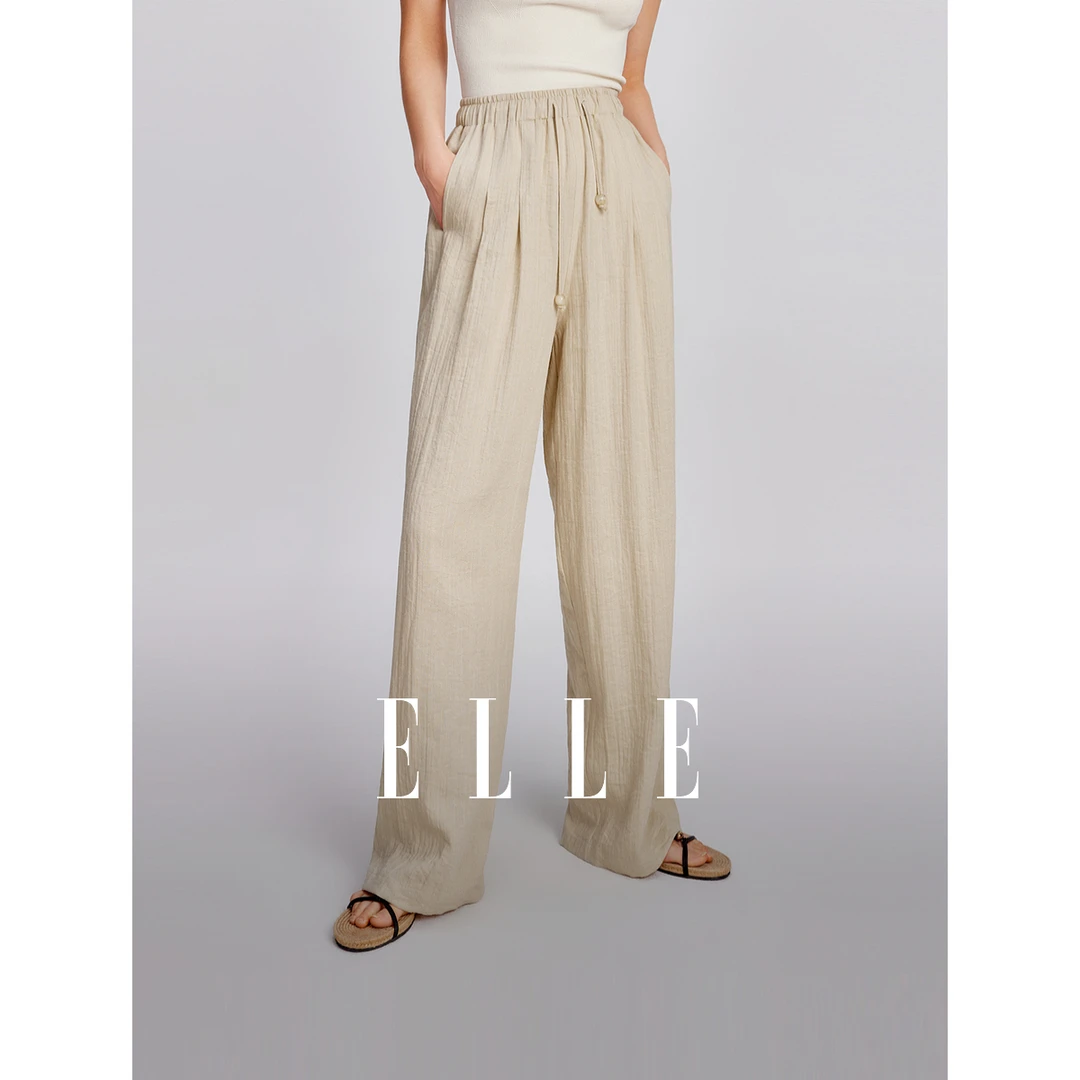 ELLE时尚垂感高腰亚麻休闲裤女2025夏天欧若风宽松长裤子EK47672