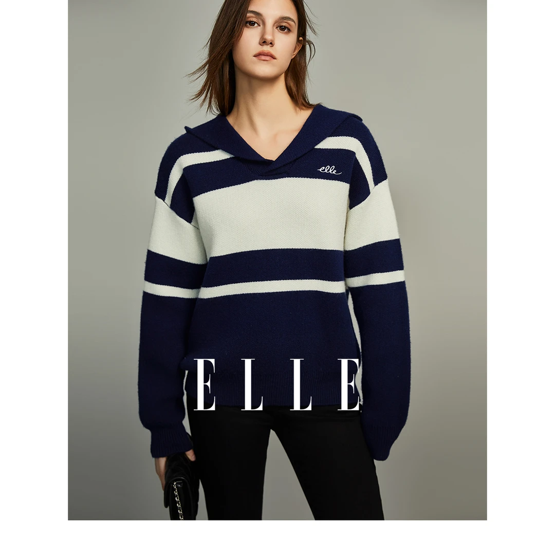 ELLE法式慵懒风宽松连帽毛衣女2023冬季新款套头毛针织衫EM36336