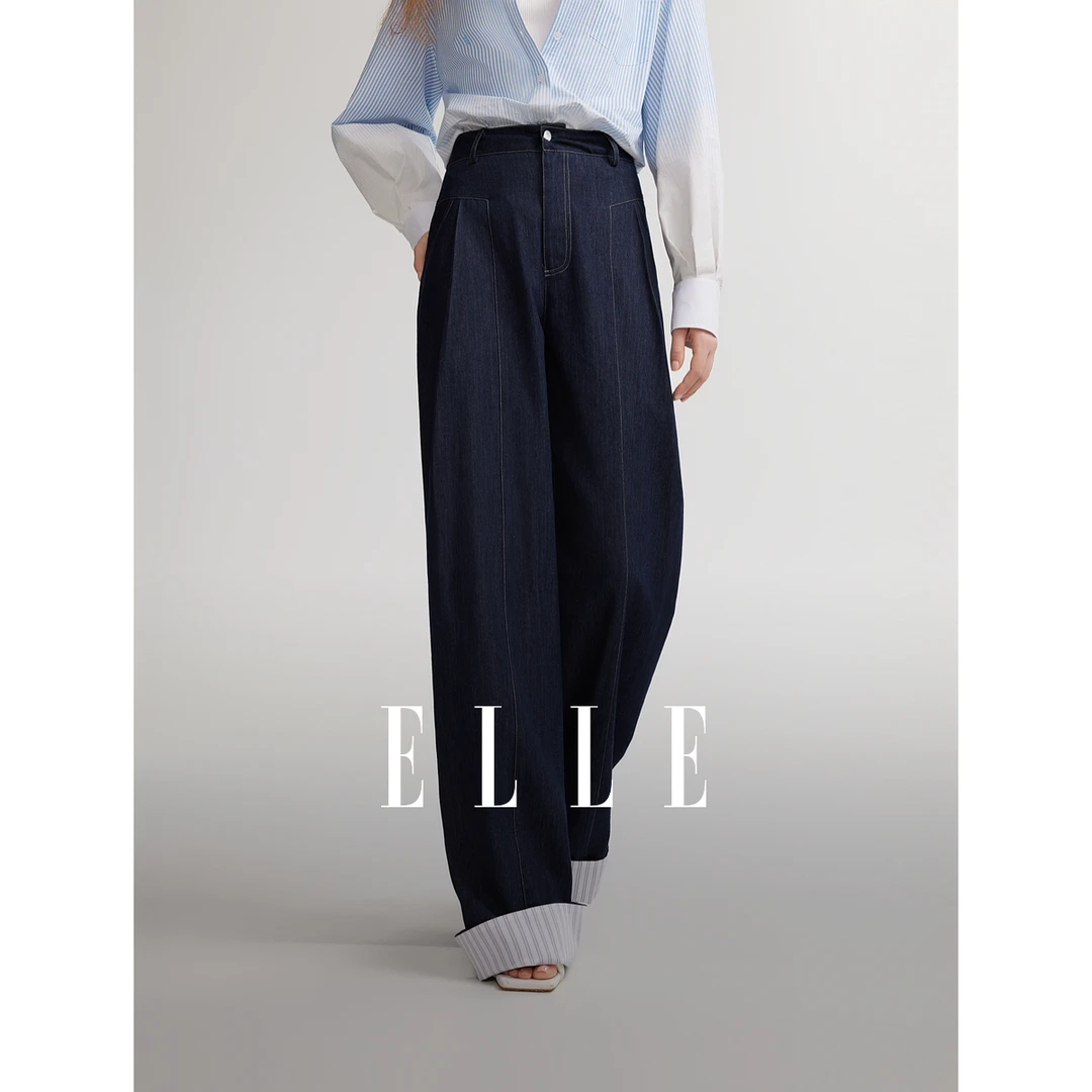 ELLE时尚百搭牛仔裤女生裤子秋季欧若风复古宽松高端显瘦EQ49024
