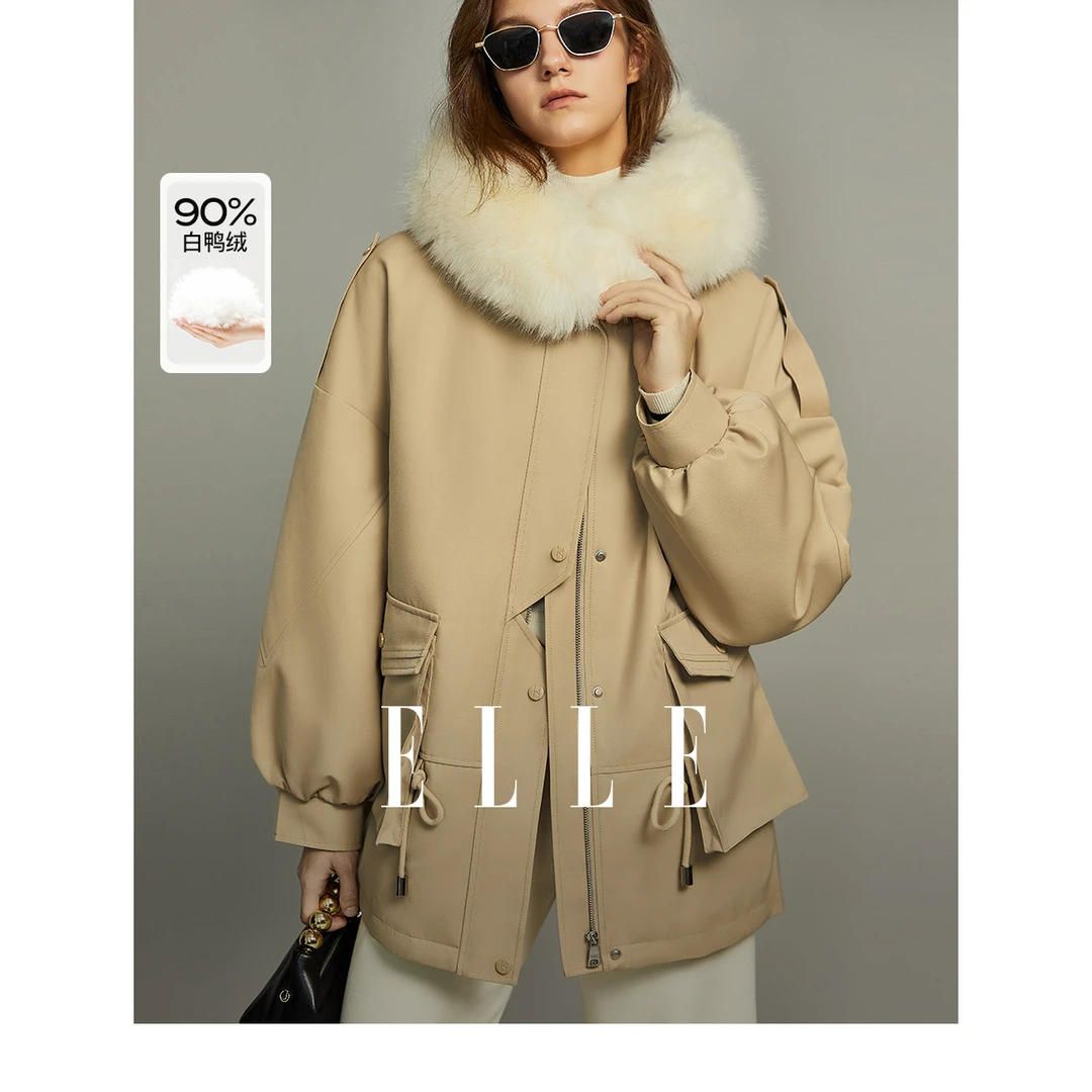 ELLE白鸭绒热力轻暖感羽绒服2023冬季连帽保暖大毛领外套EY36228