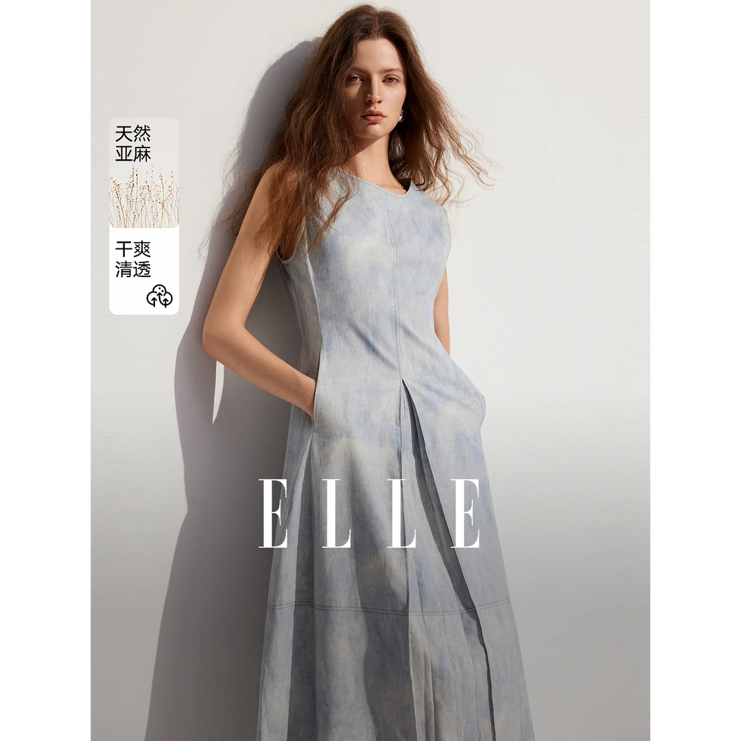 ELLE女装连衣裙夏季轻奢高级感2025新款蓝色复古无袖裙子EL48425
