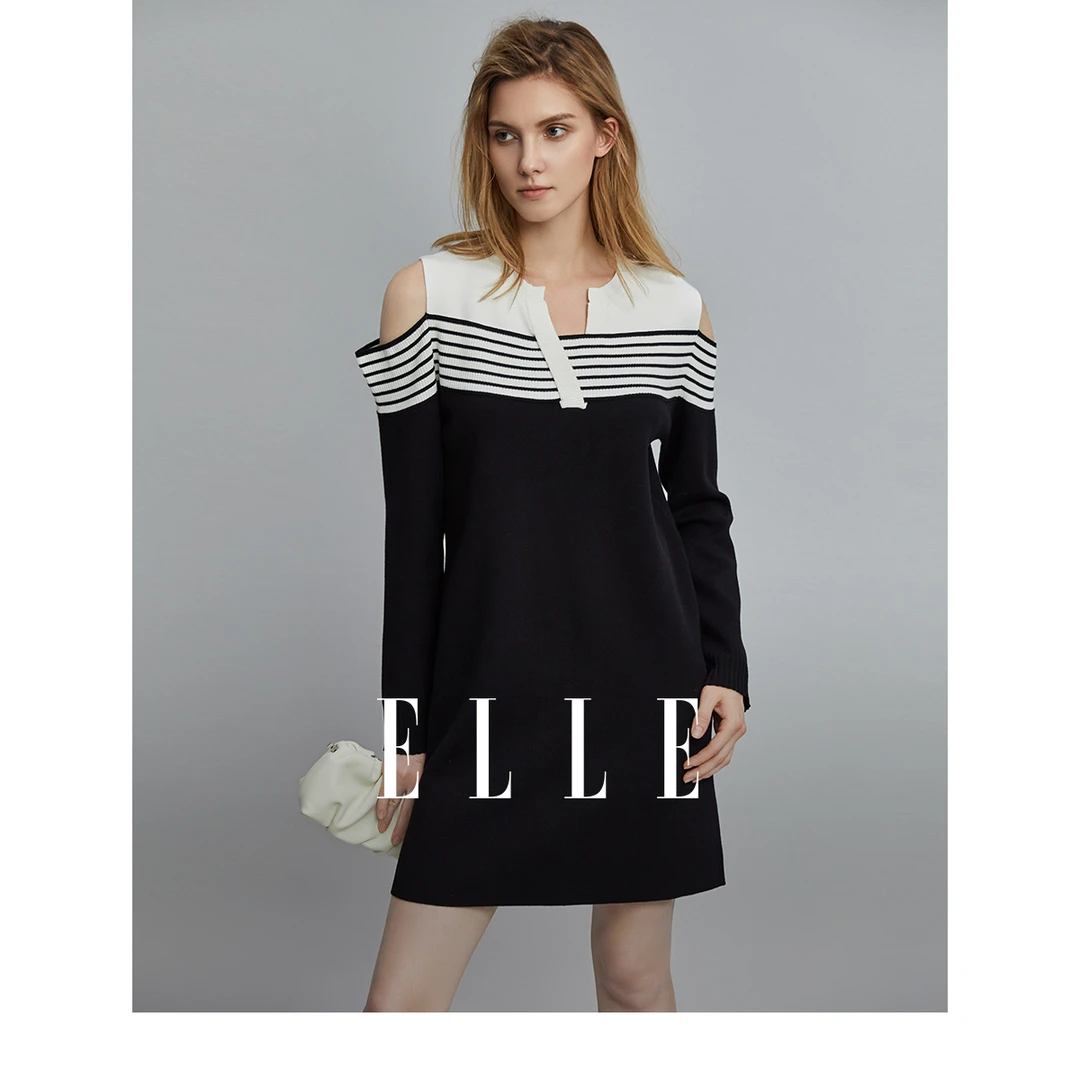 ELLE法式气质连衣裙女2023年秋季新款撞色条纹显瘦长裙子-EL35386