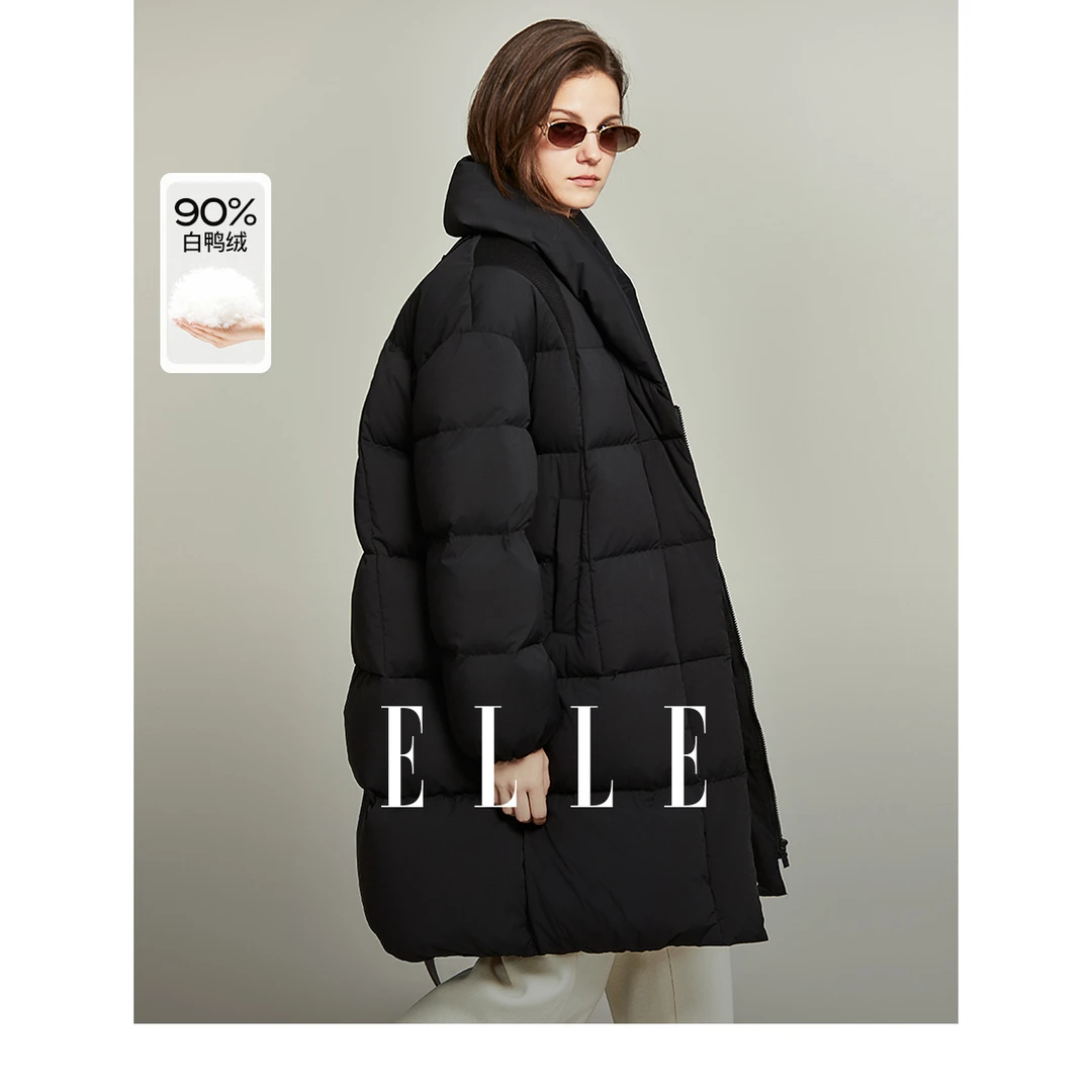 ELLE轻暖感白鸭绒黑色中长款羽绒服2024冬装新款保暖外套-EY36424