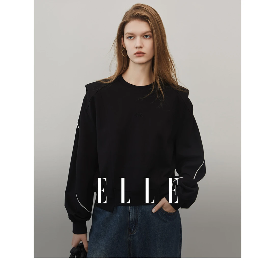 ELLE学院风黑色圆领卫衣春秋女款2024新款洋气上档次上衣EW35480
