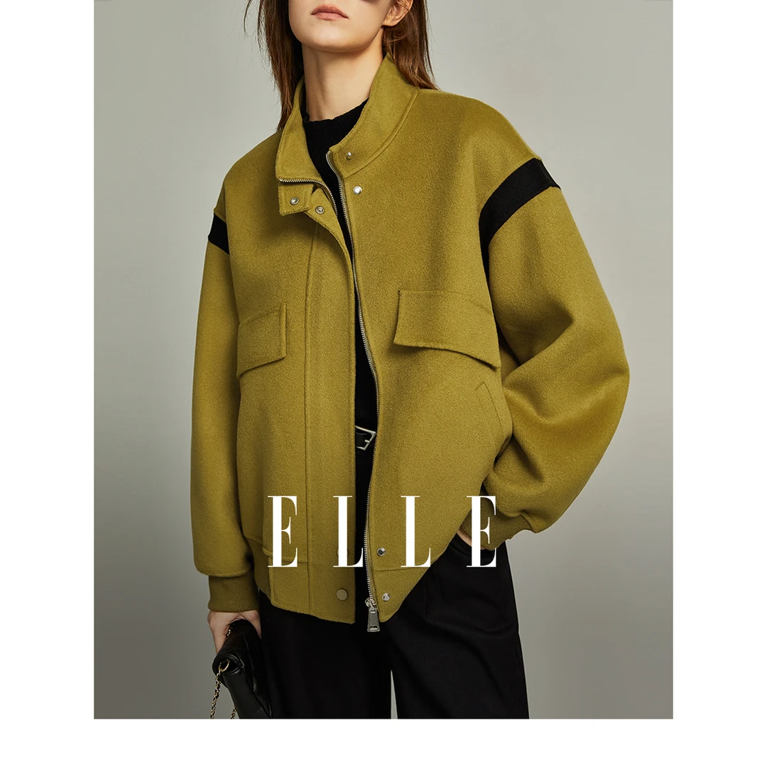 ELLE设计感拼色短款毛呢外套女2023冬新款小个子呢子大衣EN36103