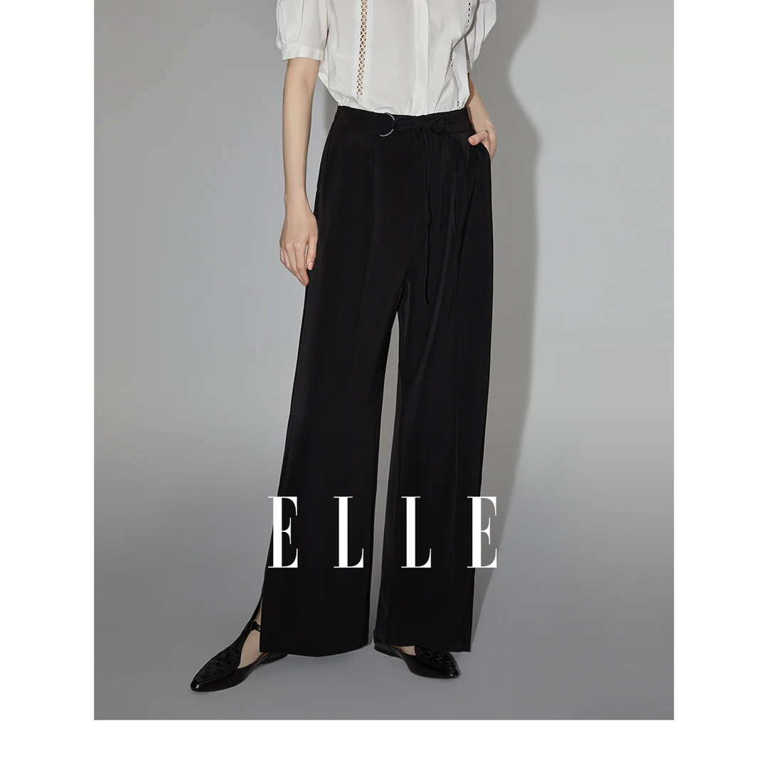 ELLE时尚黑色设计感阔腿休闲裤女2023秋季新款薄款长裤子-EK35399