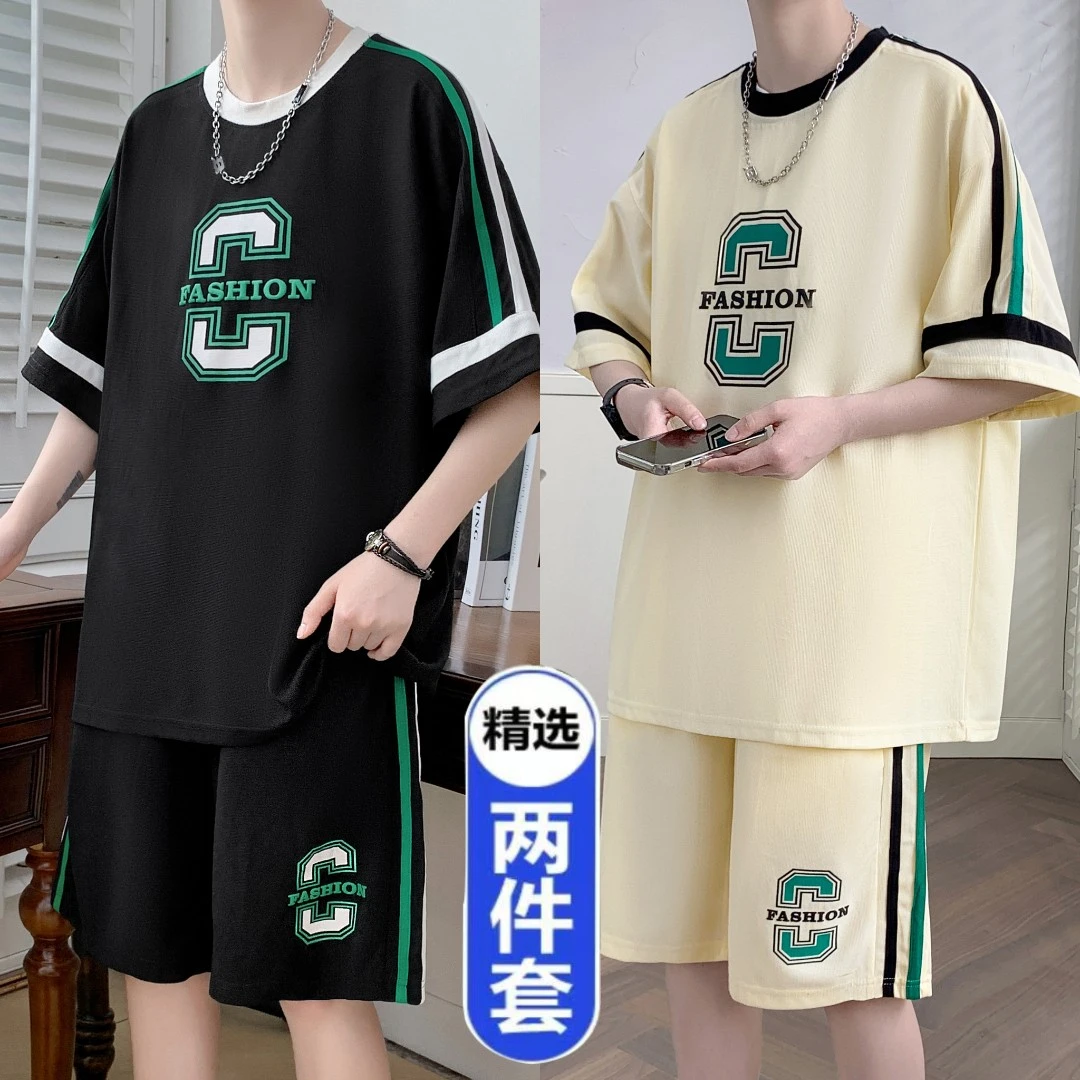 夏季青少年套装男2025新款宽松短袖T恤休闲运动透气帅气韩版套装