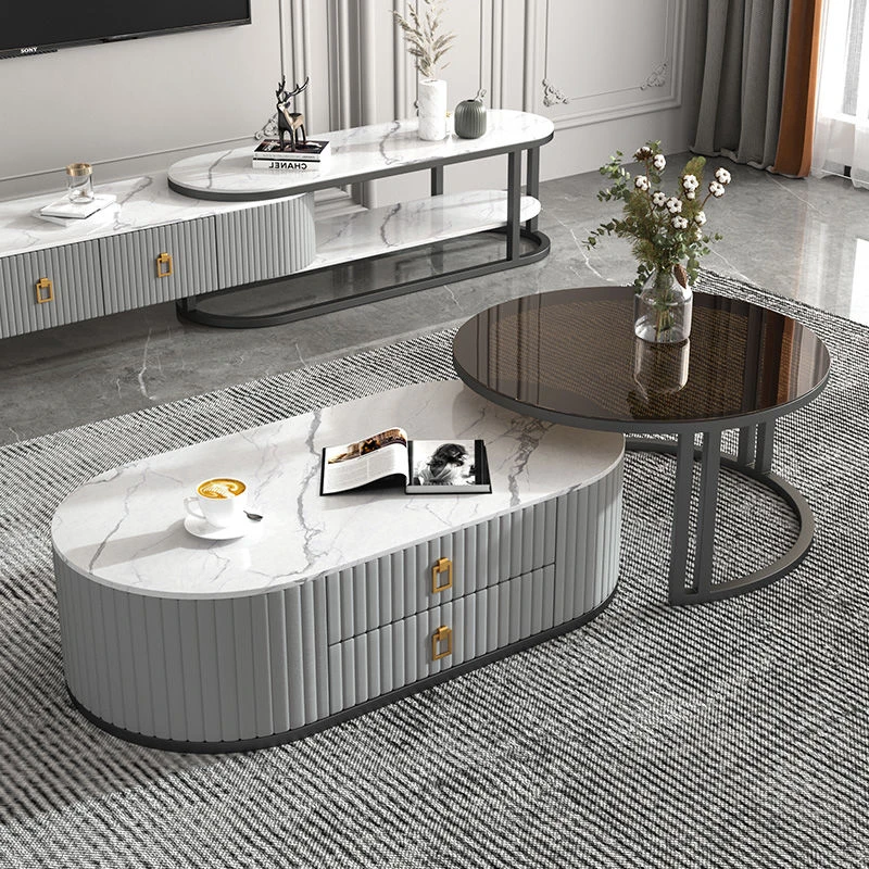 岩板茶几客厅家用意式圆形储物可伸缩白色客厅家用意式圆形组合茶