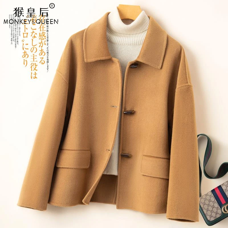 显瘦短款娃娃领双面羊绒大衣牛角扣羊毛女小个子2024秋冬毛呢外套