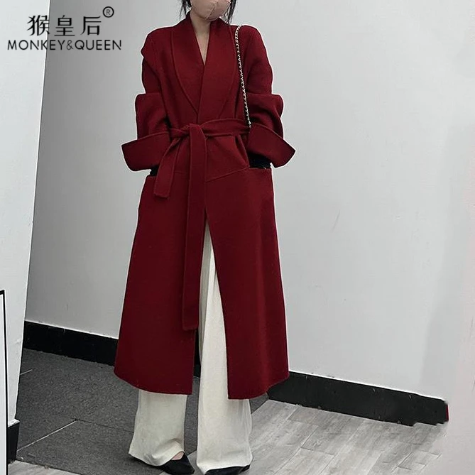 红色双面呢大衣女2024秋冬新款无扣系带中长款双面羊绒毛呢外套
