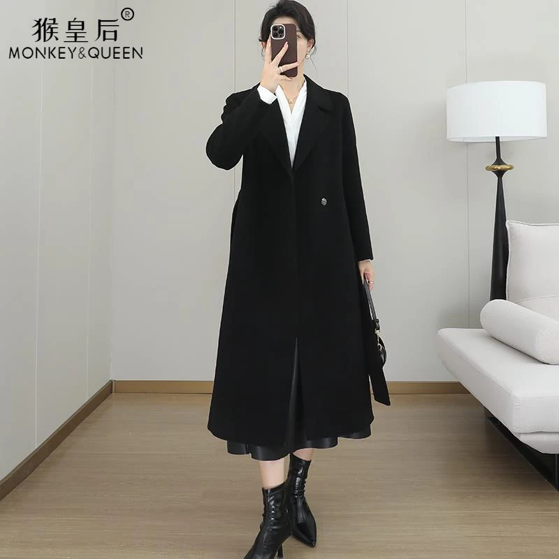 正肩双面羊绒大衣女2024新款暗扣高端修身收腰黑色中长款毛呢外套