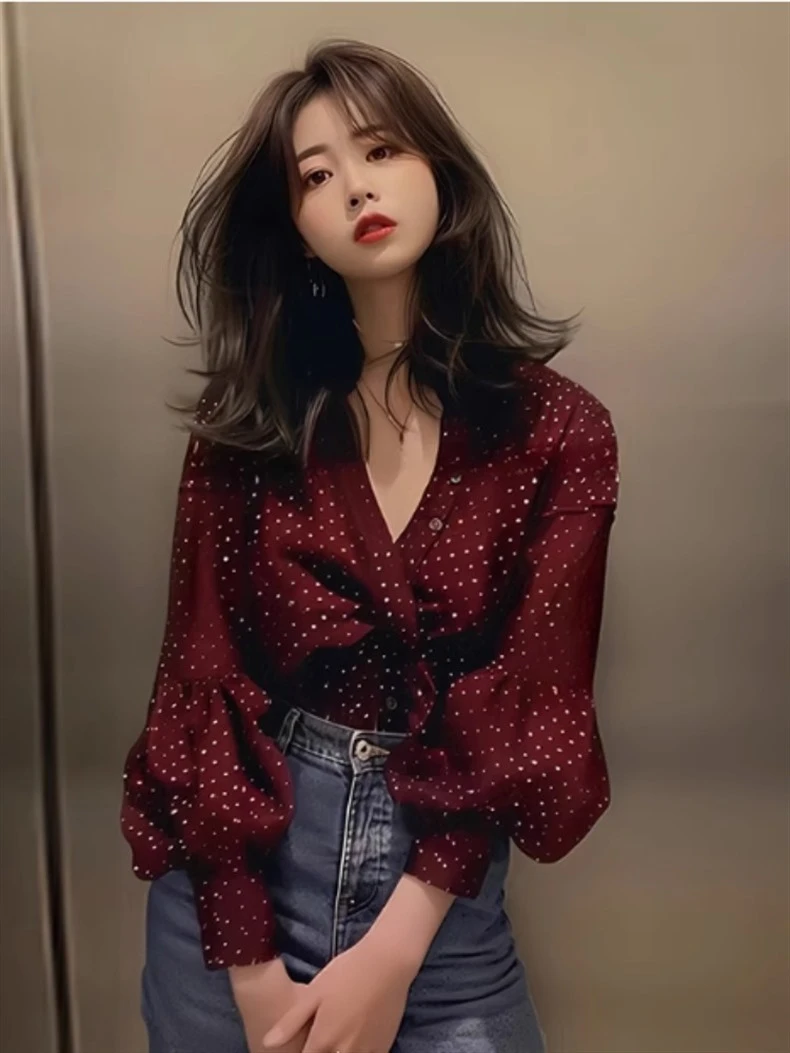 2025春季新款酒红色波点灯笼袖气质小衫长袖衬衫高端女士初秋上衣