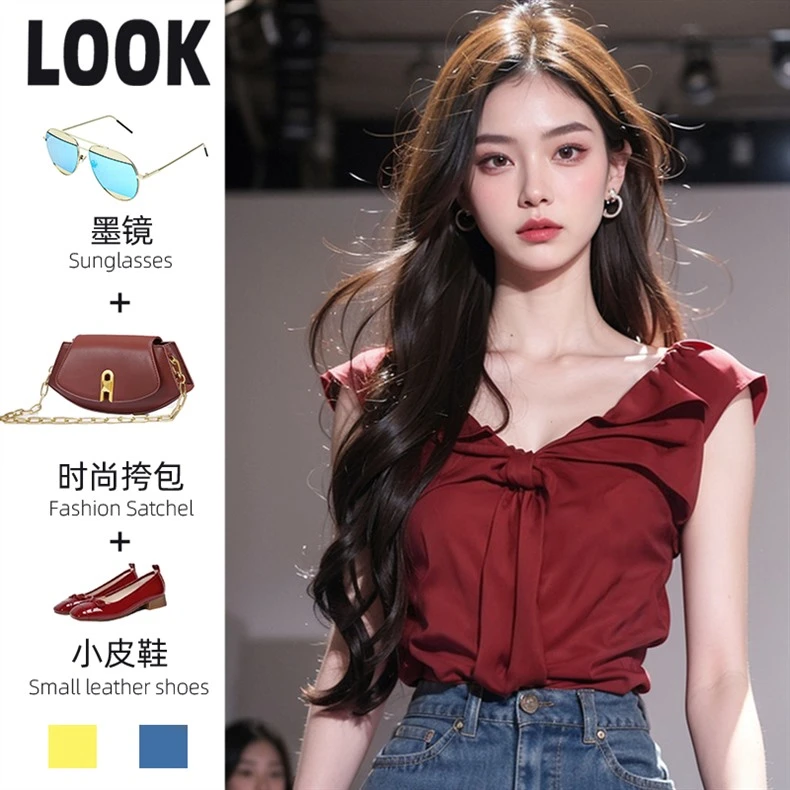 红色法式V领无袖衬衫女2025夏新款气质小众独特别致穿搭性感背心