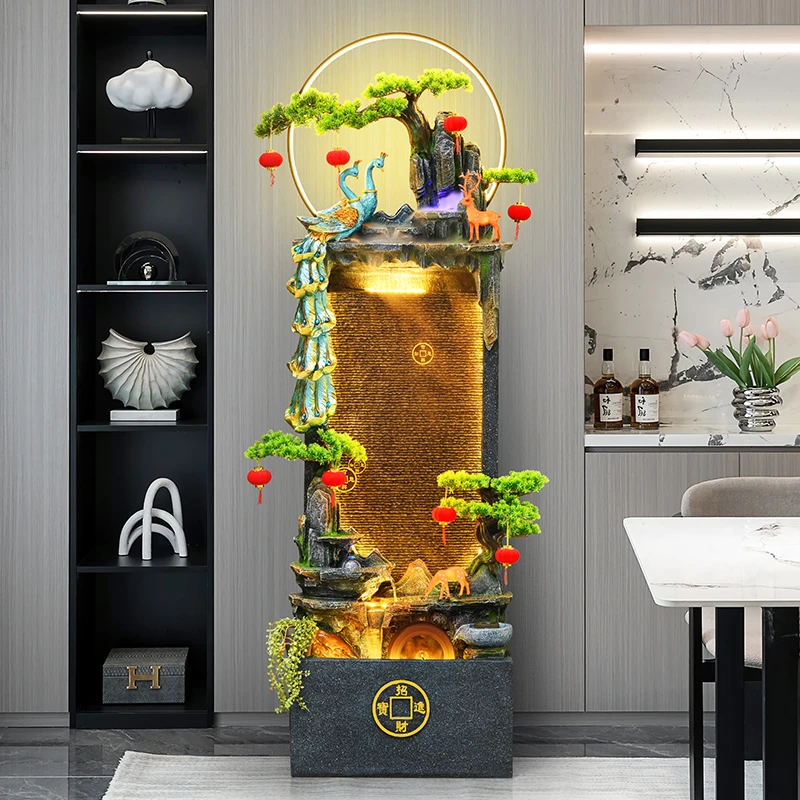 孔雀循环水幕墙落地招财客厅玄关装饰流水器生财乔迁新居开业摆件