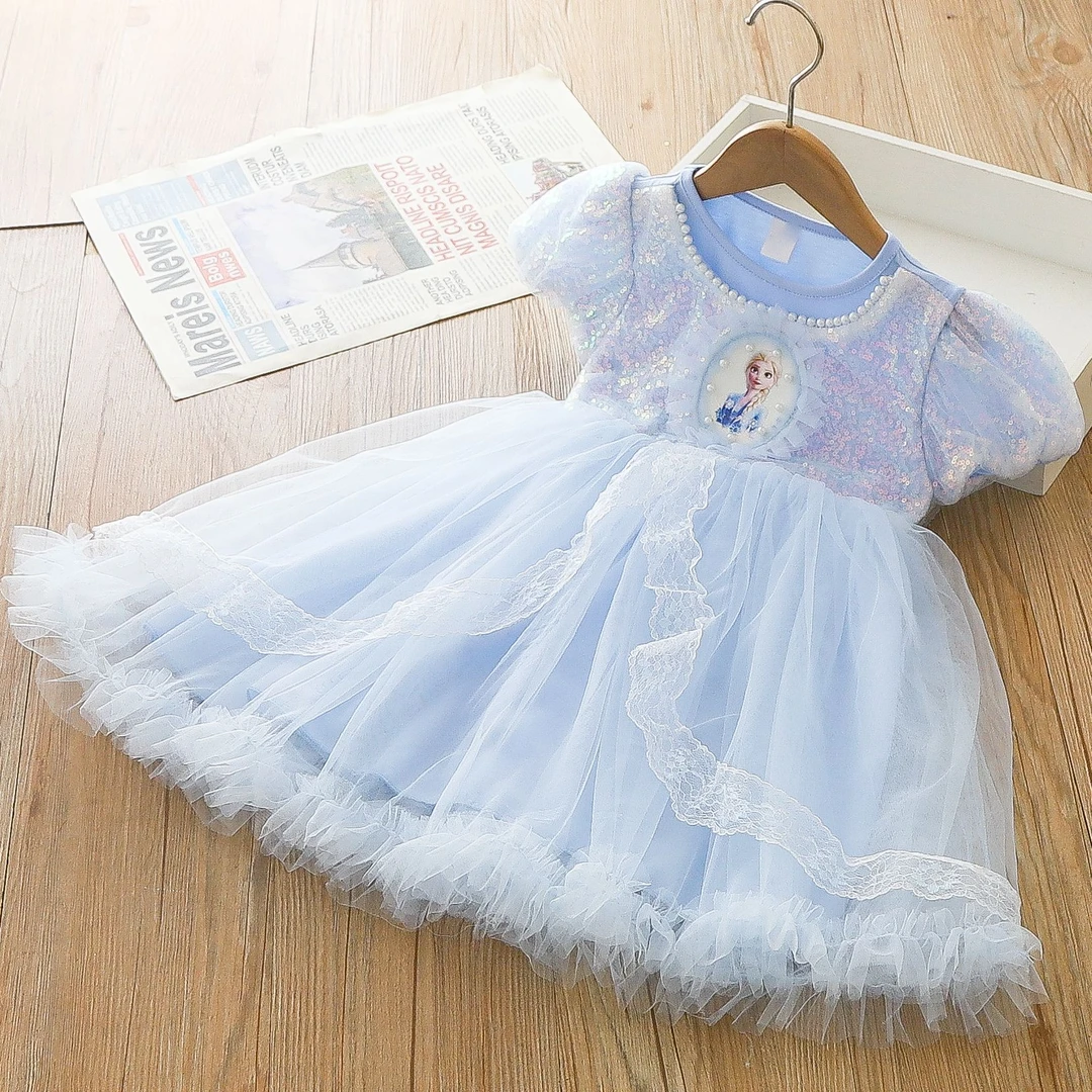 女童公主裙夏季蓬蓬裙浅蓝色蕾丝花边连衣裙