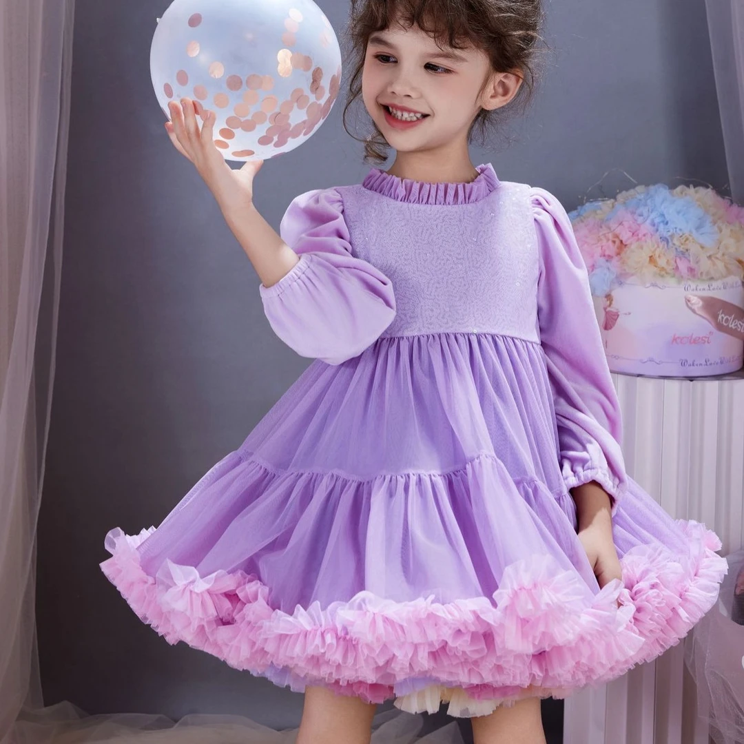 春秋长袖紫色凸凸裙连衣裙女童洋气D159