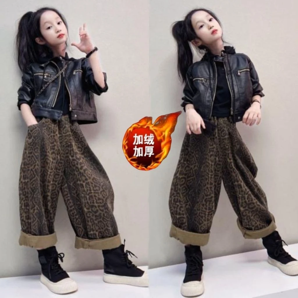 女童美式复古豹纹牛仔裤潮牌夹棉水洗皮衣小众中大童短款皮衣套装