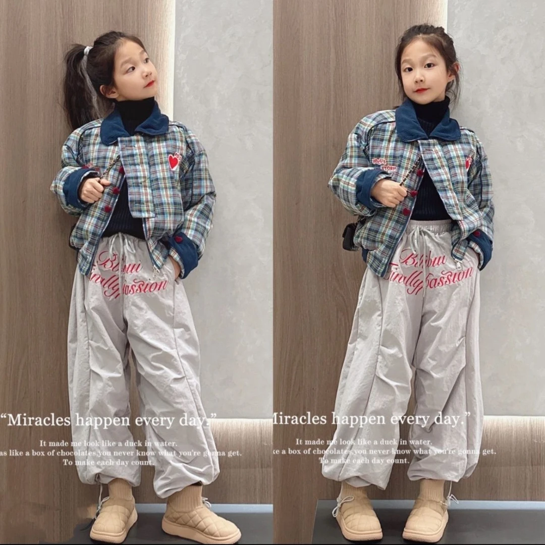 女童套装2024冬季新款女大童洋气格子女孩加绒加厚棉袄裤子两件套