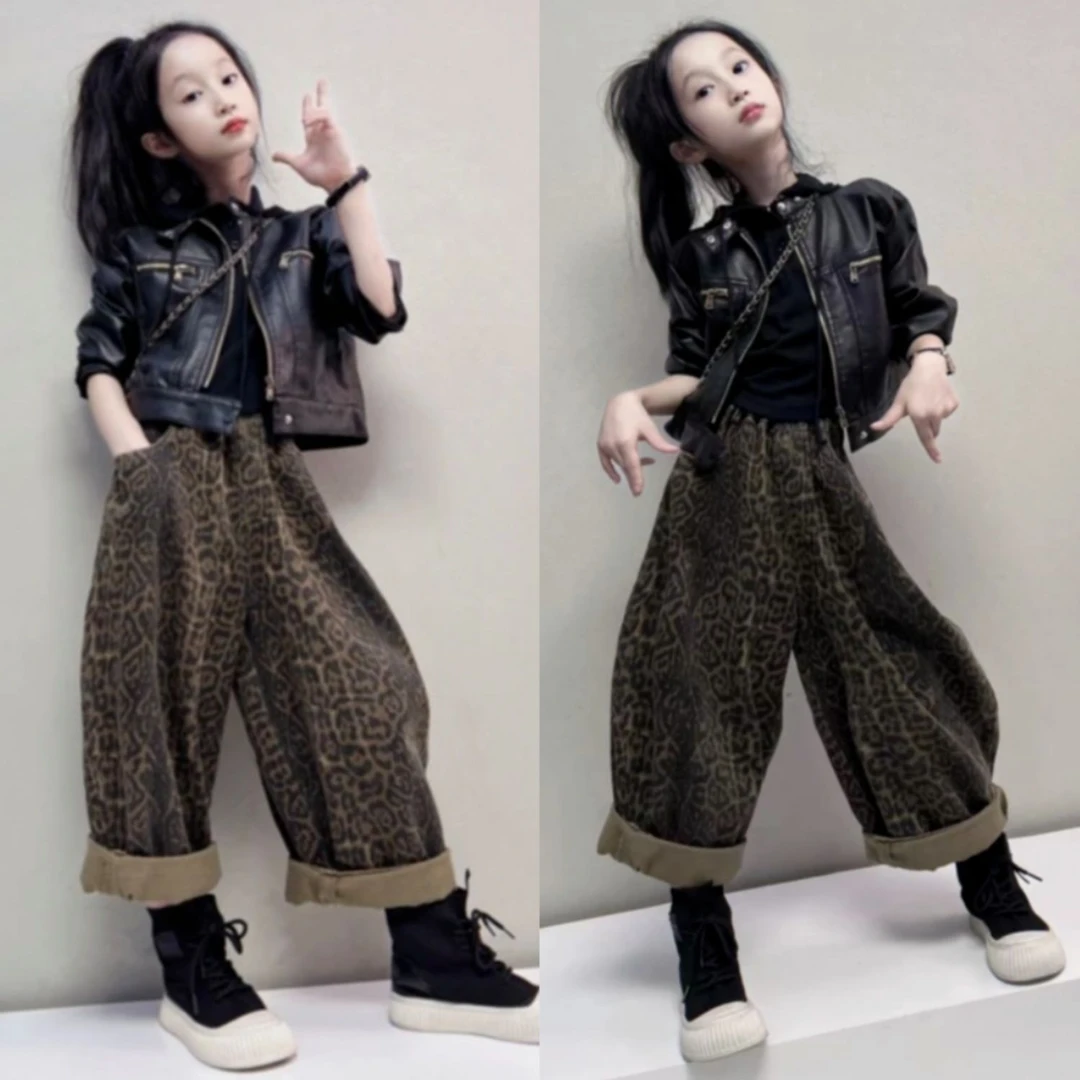 女童皮衣外套春秋款2024新款卫衣儿童秋装炸街皮夹克豹纹裤三件套