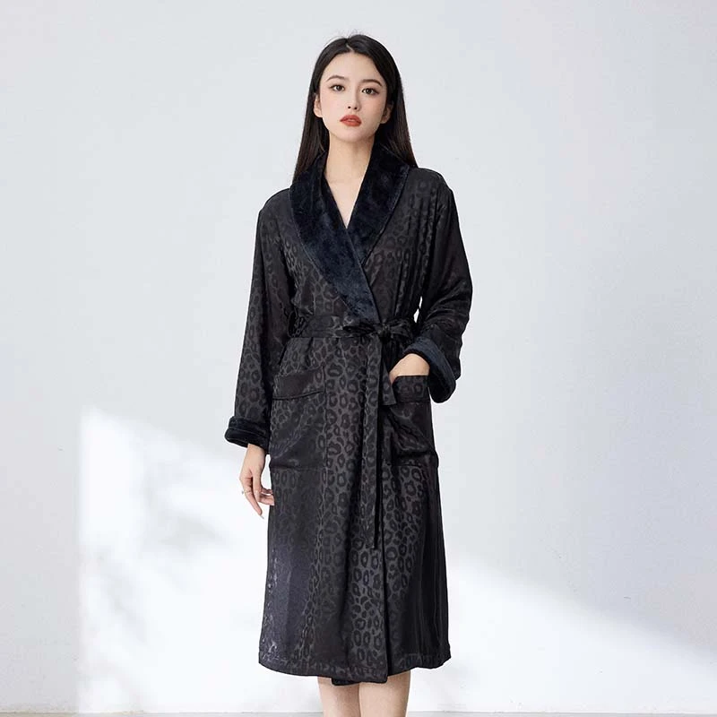 【JAHE】2023秋冬新款睡袍轻奢提花浴袍经典豹纹男女情侣款加绒保暖