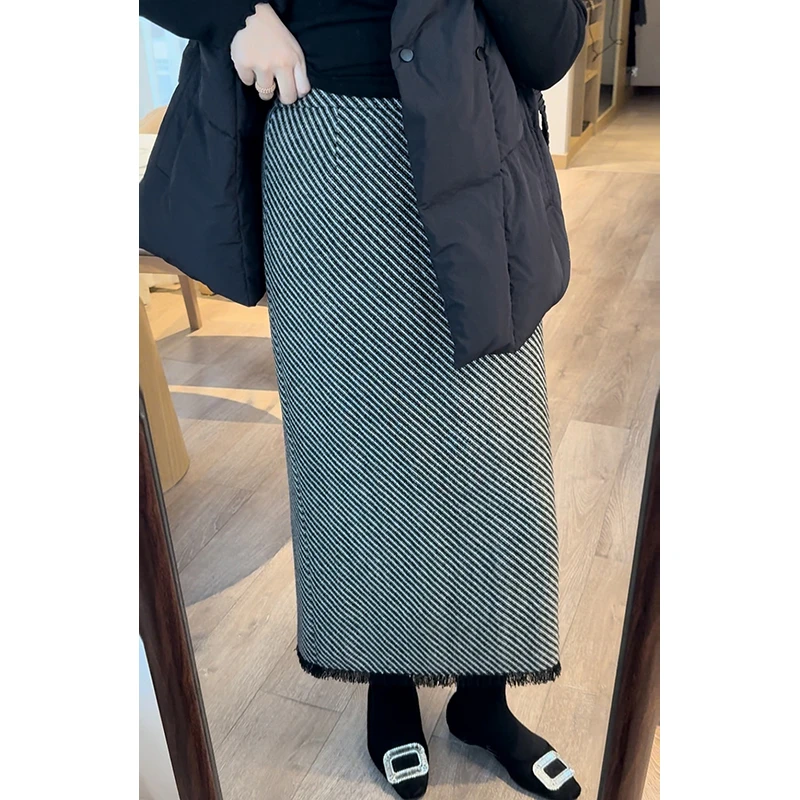 【DIS 定制】【斜纹线谱】高腰斜条纹流苏毛边羊毛半身裙Z524G16879
