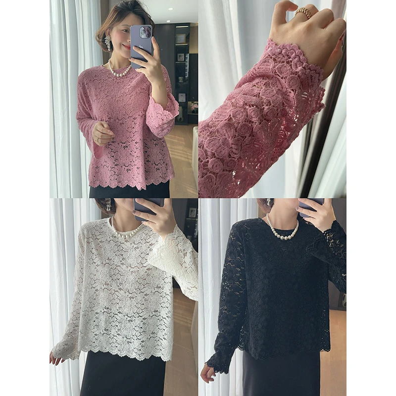 【DIS 定制】【粉黛生花】镂空钩花圆领长袖蕾丝衫Z524X18216