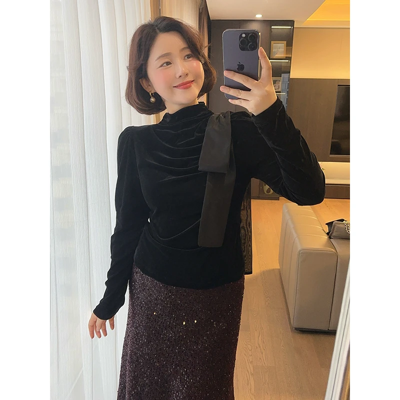 【DIS 定制】【丝绒情结】秋冬蝴蝶结褶皱半高领丝绒衬衫Z524X18962