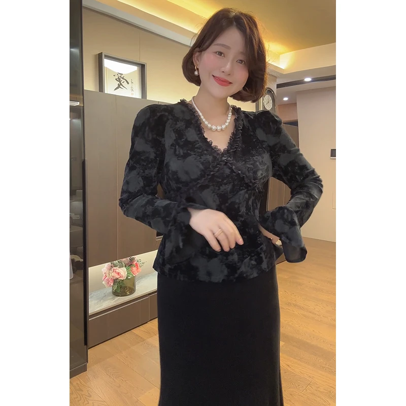 【DIS 定制】【墨色花蕾】交叉蕾丝花边V领提花长袖衬衫Z524Z17829