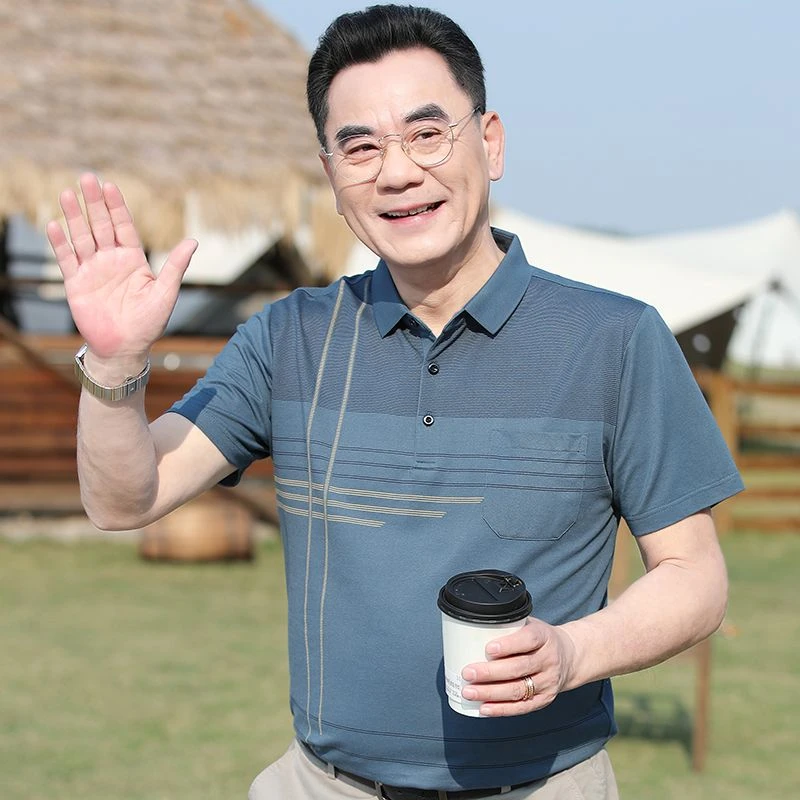 中年男士丝光棉短袖t恤男夏季中老年爸爸夏装POLO衫5A抗菌重磅t恤