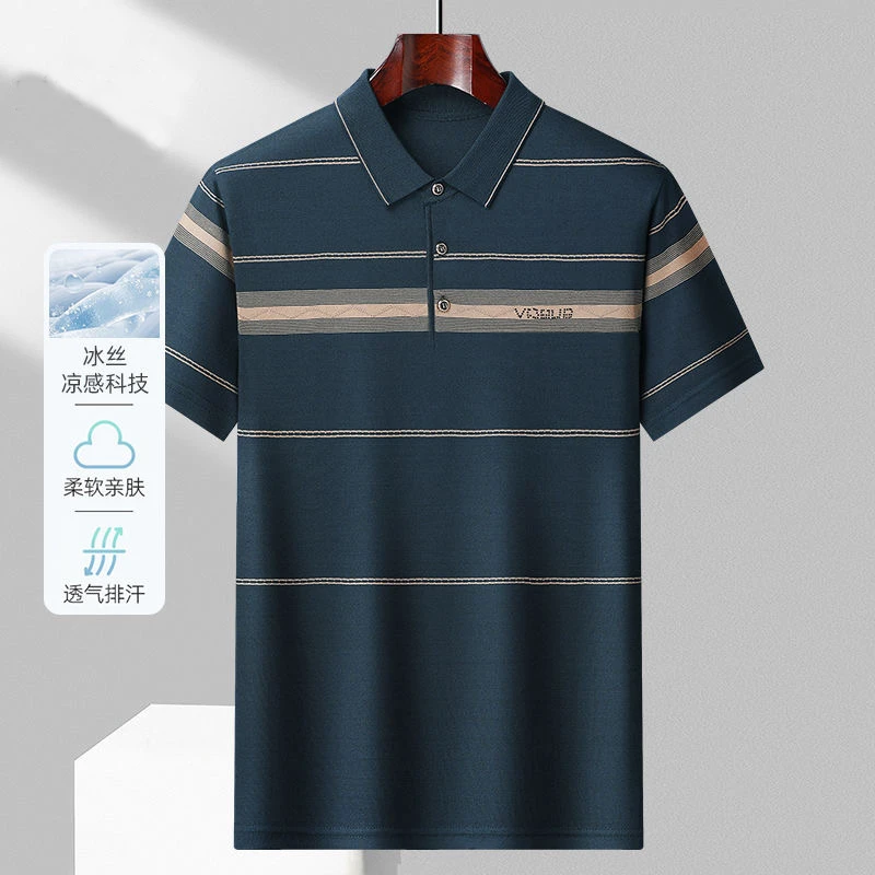 爸爸夏装中老年男装短袖t恤冰丝中年人男士上衣服爷爷装polo衫男