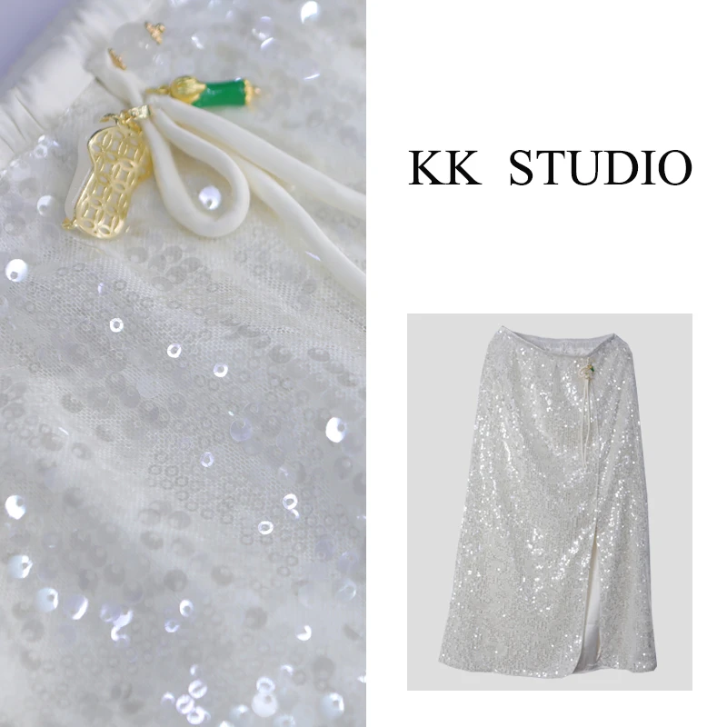 淇老板KK Studio2024“微光闪闪”新款新中式国风珠片半身裙8111