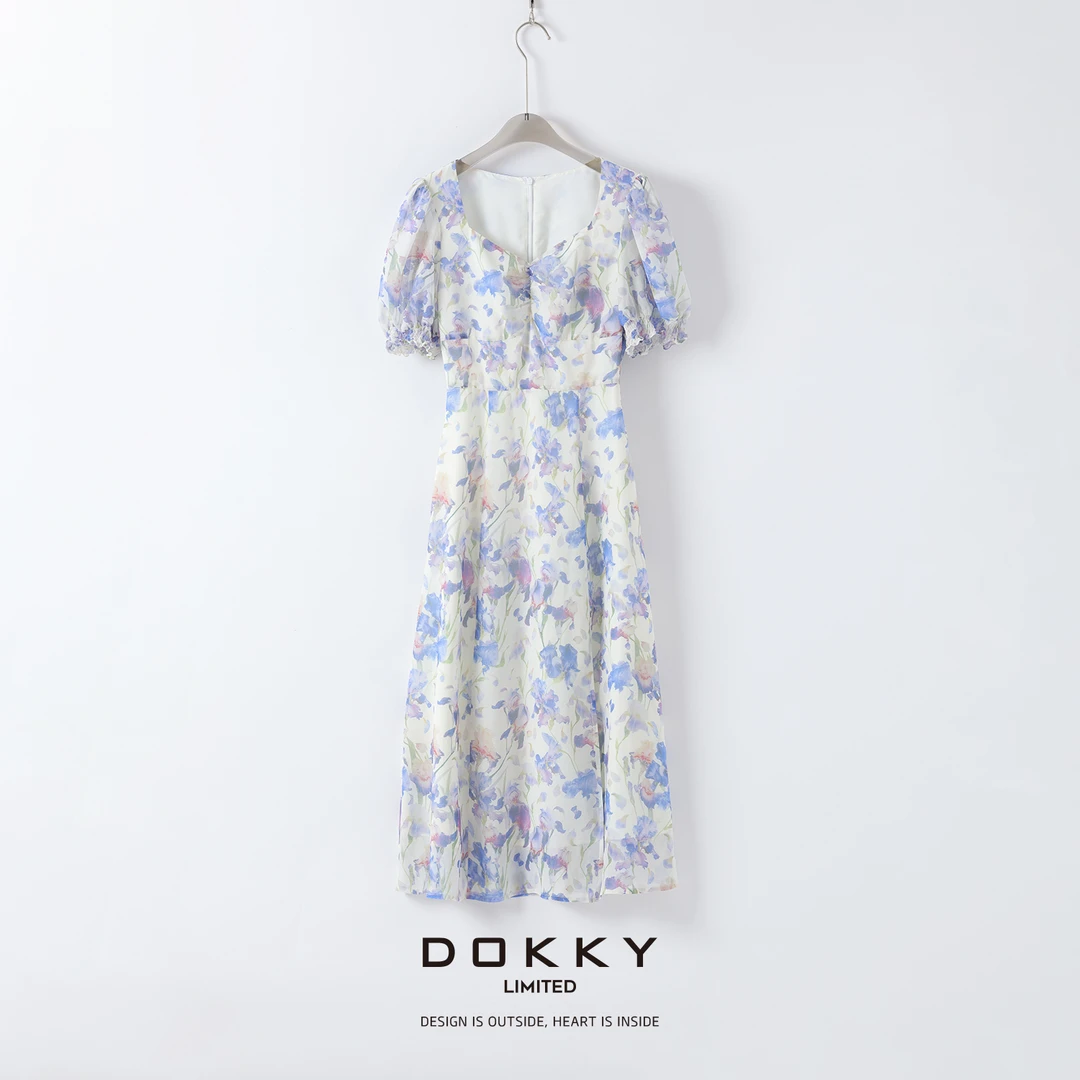 【紫菱清梦】DOKKY复古方领.打褶超显瘦|开叉收腰连衣裙1240529-01