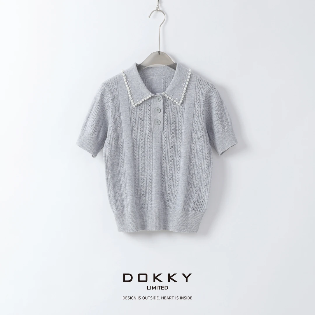 【恋综女主】DOKKY精致法式减龄·手工串珠娃娃领|夏款短袖针织衫